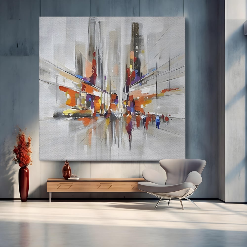 Tablou canvas cu pictura abstracta cu peisaj urban, fara rama, pe sasiu de lemn